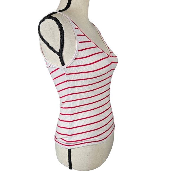 Reformation V Neck Ribbed Tank, Red/White Striped, XS - Picture 3 of 10